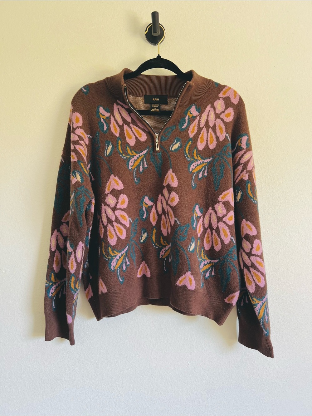 Rain Floral Quarter Zip-Neck Brown Sweater